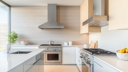 Explore a stylish modern kitchen featuring sleek stainless steel appliances, perfect for showcasing culinary creativity and contemporary design.