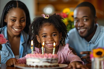 Family celebrating young girl's birthday with cake, Generative AI