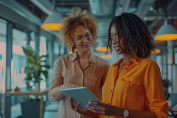 two business women having a discussion, they're standing in an office and using a tablet, generative