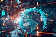 © Harvinder - Earth globe and cybersecurity lock hologram with diverse icons, Generative AI