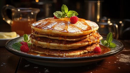 Wall Mural - a stack of pancakes covered in syrup and topped with raspberries