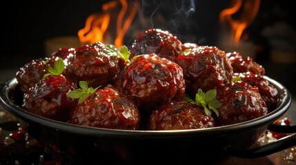 Sticker - a bowl filled with meatballs covered in ketchup