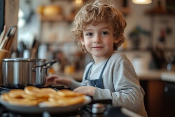 Young boy learning how to make pancakes, standing by stove. Parents and children in kitchen, preparing pancake batter, spending weekend day indoors, Generative AI