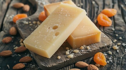 Close-up of Swiss cheese, almonds, and dried apricots on a wooden board.