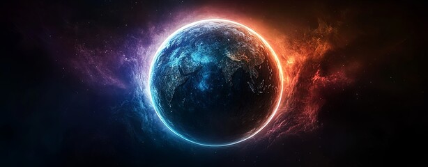 Wall Mural - close-up of a fantasy planet with vibrant colors and glowing atmosphere, illustrating a futuristic w
