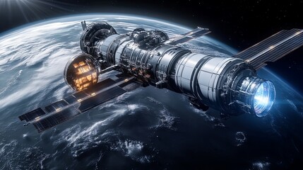 Wall Mural - close-up of a futuristic space station orbiting a planet, illustrating human expansion into space, m