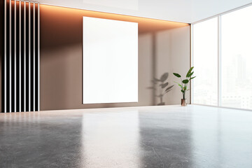 Wall Mural - Modern empty room with large poster mockup on brown wall and city view through window. 3D Rendering