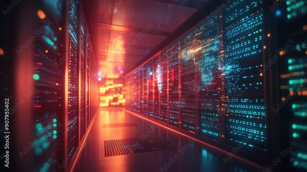 A futuristic data center with rows of servers and LED lights, with a ...