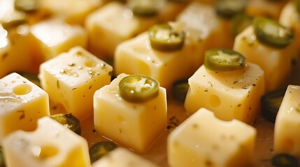 Close-up of Cubes of Cheese with Jalapeno Peppers.