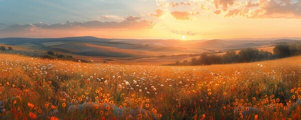 Wall Mural - Warm Sunset Wildflower Landscape