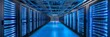 © Tida - A long hallway inside a data center with rows of server racks lit by blue lights, symbolizing technology, connectivity, digital storage, data security, and high performance.