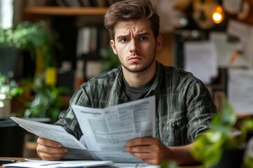 A young man office worker sits in the office at the table, holds papers in his hands, looks confusedly at documents and bills, Generative AI