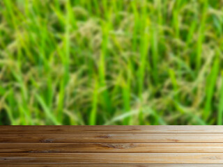 wooden table model Blurry rice field background with abstract patterns used for graphic design.