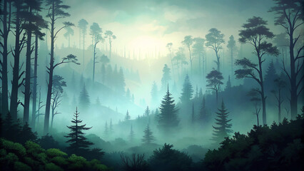 Wall Mural - foggy forest landscape background