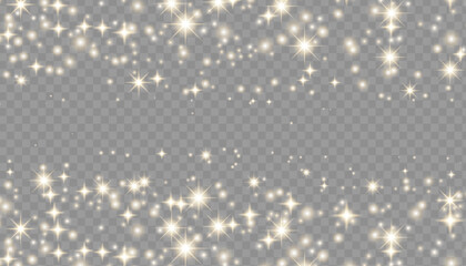 Sparkling magical dust particles. Flying particles of light. Christmas light bokeh confetti effect. Glitter gold stardust particles shine effect on png background. Vector sparkle texture illustration