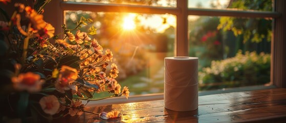 Cleaning paper roll placed next to a window sill, with natural light streaming through the window and a view of a garden outside.