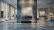 © KAMOSTOCK - Modern art gallery with contemporary paintings, well-lit clean interior, featuring various artworks displayed on grey concrete walls.