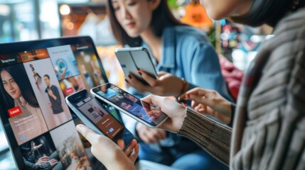 young people using smartphones and laptop.