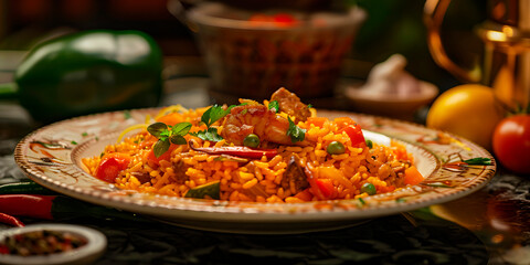 Delicioso platillo de arroz con mariscos llamado Paella típico en España 