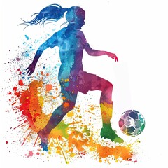 vibrant watercolor illustration of a soccer player dribbling the ball, with splashes of bright colors creating a dynamic and energetic scene on a white background.