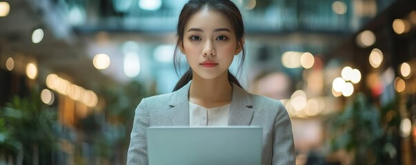 Asian business woman working on a laptop in a professional office, Generative AI