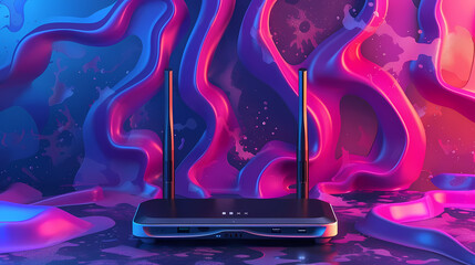 Wall Mural - A black internet router sits in front of a vibrant, abstract, blue and pink background.  The router has two antennas extended upwards.  The colors in the background appear to be liquid and flowing.