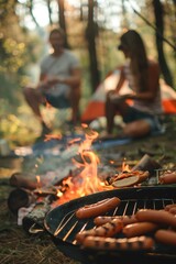 Poster - A man and woman are sitting around a fire, cooking hot dogs on a grill. The atmosphere is relaxed and casual, with the couple enjoying a simple meal outdoors