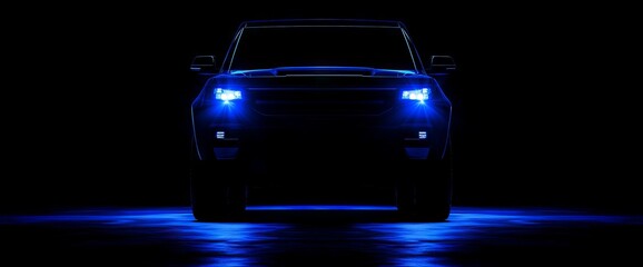 Wall Mural - In this stock photo, a dark blue SUV with headlights on is illuminated against the dark background, highlighting its sleek lines and design details