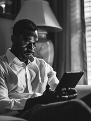 Poster - A man is sitting on a couch and looking at a tablet. He is wearing a white shirt and he is focused on the screen