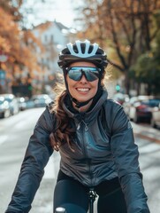 Sticker - A woman wearing a helmet and sunglasses is riding a bicycle down a street. She is smiling and she is enjoying her ride