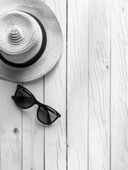 Poster - A white hat and sunglasses are on a wooden table. The hat is placed on the table with the brim facing the camera