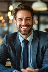 Wall Mural - A man in a suit and tie is smiling and posing for a photo. Concept of professionalism and confidence, as the man is dressed in a business suit and tie