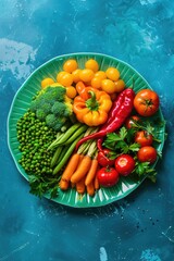 Wall Mural - A green plate with a variety of vegetables including broccoli, carrots, tomatoes, and peppers. The plate is arranged in a way that the vegetables are spread out and not piled on top of each other