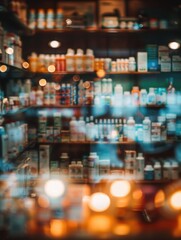 Wall Mural - A pharmacy with many bottles on the shelves. The bottles are of different sizes and colors. The scene is blurry, giving it a dreamy or hazy appearance