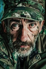 Wall Mural - A man with a green hat and a beard is staring at the camera. He has a serious expression on his face