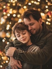 Canvas Print - A man and a boy are hugging each other in front of a Christmas tree. The man is wearing a green jacket and the boy is wearing a green sweater. Concept of warmth and love between the two