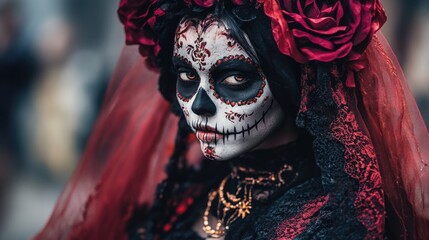 Portrait of young woman with sugar skull makeup and red roses dressed in black costume of death as Santa Muerte. Day of the Dead or Halloween concept.