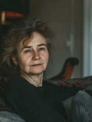 Wall Mural - A woman with gray hair is sitting on a couch. She is smiling and looking at the camera