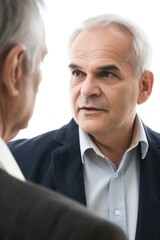 Wall Mural - Two men are talking to each other, one of them is wearing a blue jacket. The man in the blue jacket is looking at the other man with a serious expression