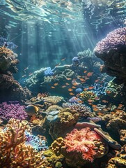 Sticker - A colorful coral reef with many fish swimming around. The fish are of various colors and sizes, and the reef is full of life. The sunlight shining through the water creates a beautiful