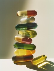 Wall Mural - A stack of pills with different colors and shapes. The pills are arranged in a pyramid shape, with the green pill at the bottom and the yellow pill at the top. Concept of organization and structure