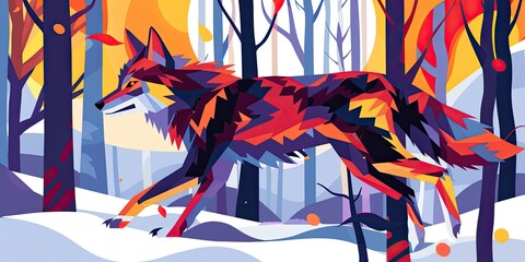 Wall Mural - Geometric Wolf in Vibrant Forest