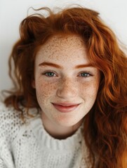 Wall Mural - A woman with red hair and freckles is smiling at the camera. She is wearing a white sweater and has blue eyes