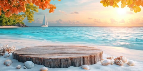 Sticker - Wooden Platform on Sandy Beach with Seashells and Ocean View