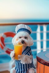 Wall Mural - A white dog wearing a chef's hat and a blue and white striped apron is holding a glass of orange juice