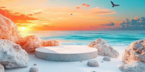 Canvas Print - Concrete Platform on a Sandy Beach with Sunset and Birds