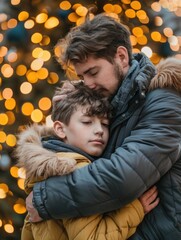 Wall Mural - A man and a boy are hugging each other. The boy is wearing a yellow jacket