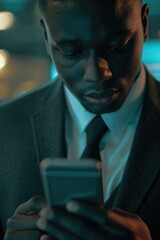 Wall Mural - A man is looking at his cell phone in a dark room. He is wearing a suit and tie