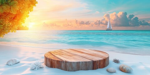 Poster - Wooden Platform on Sandy Beach with Ocean and Sailboat in Background