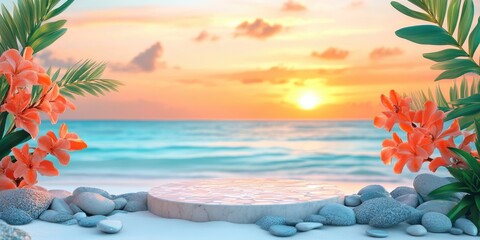 Canvas Print - Tropical Sunset with White Marble Platform and Rocks